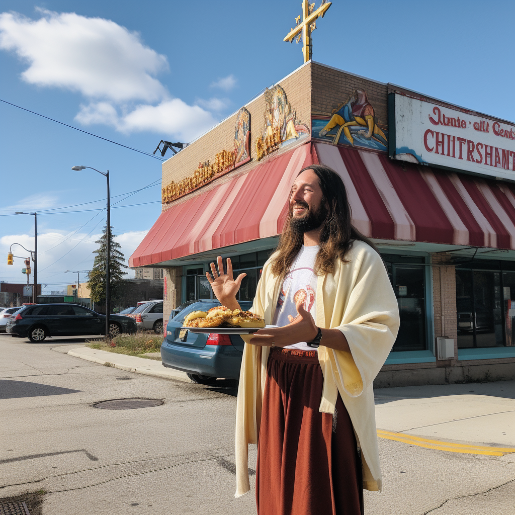 Jesus Christ enjoying a Coney Dog in Detroit