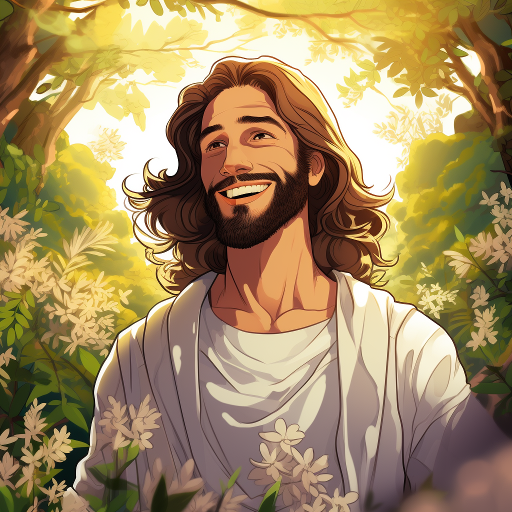 Cartoon depiction of Jesus Christ in a forest.