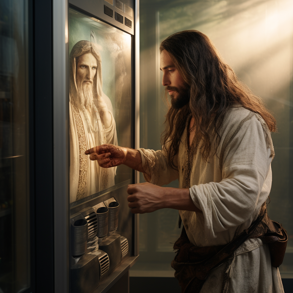 Jesus Christ enjoying a drink from a vending machine