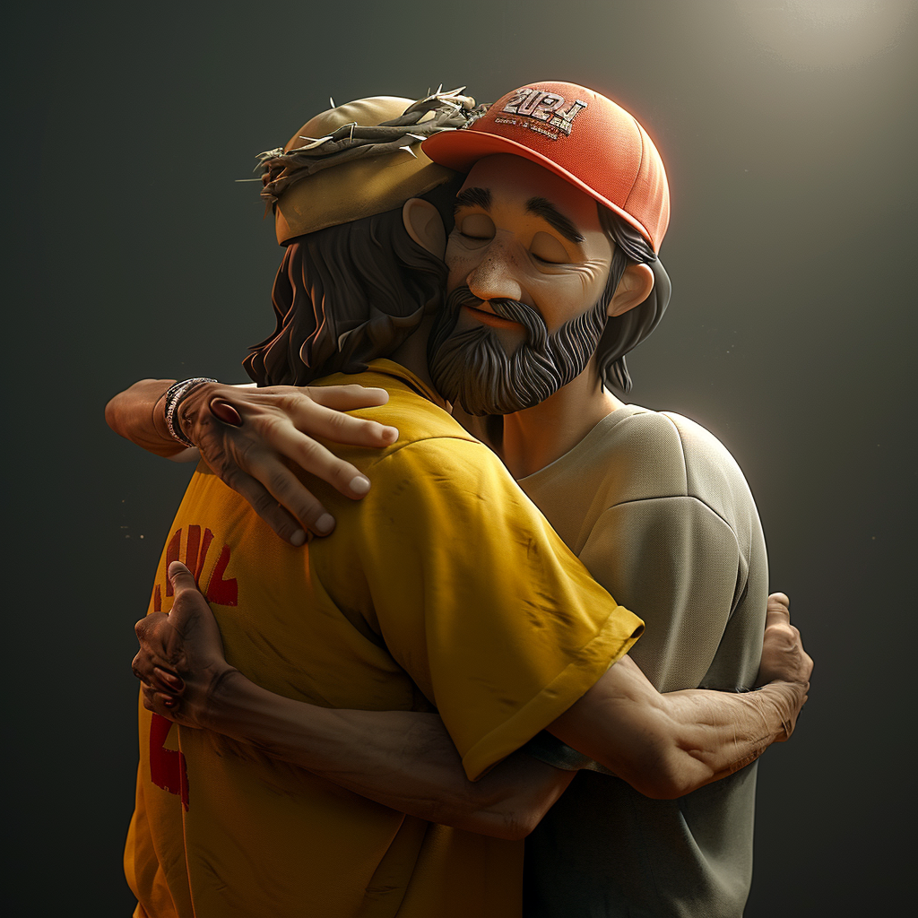 Jesus Christ hugging guy, yellow T-shirt, red cap