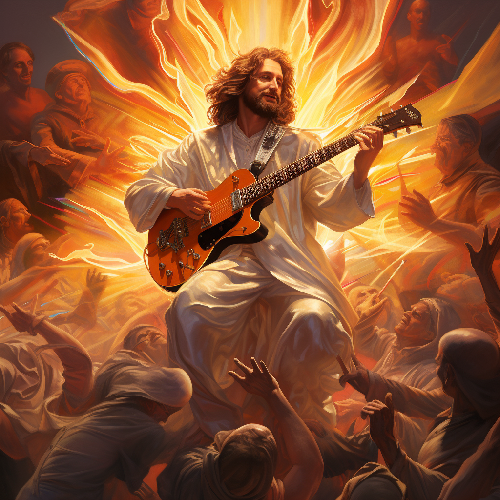 Handsome Jesus Christ playing electric guitar in a band