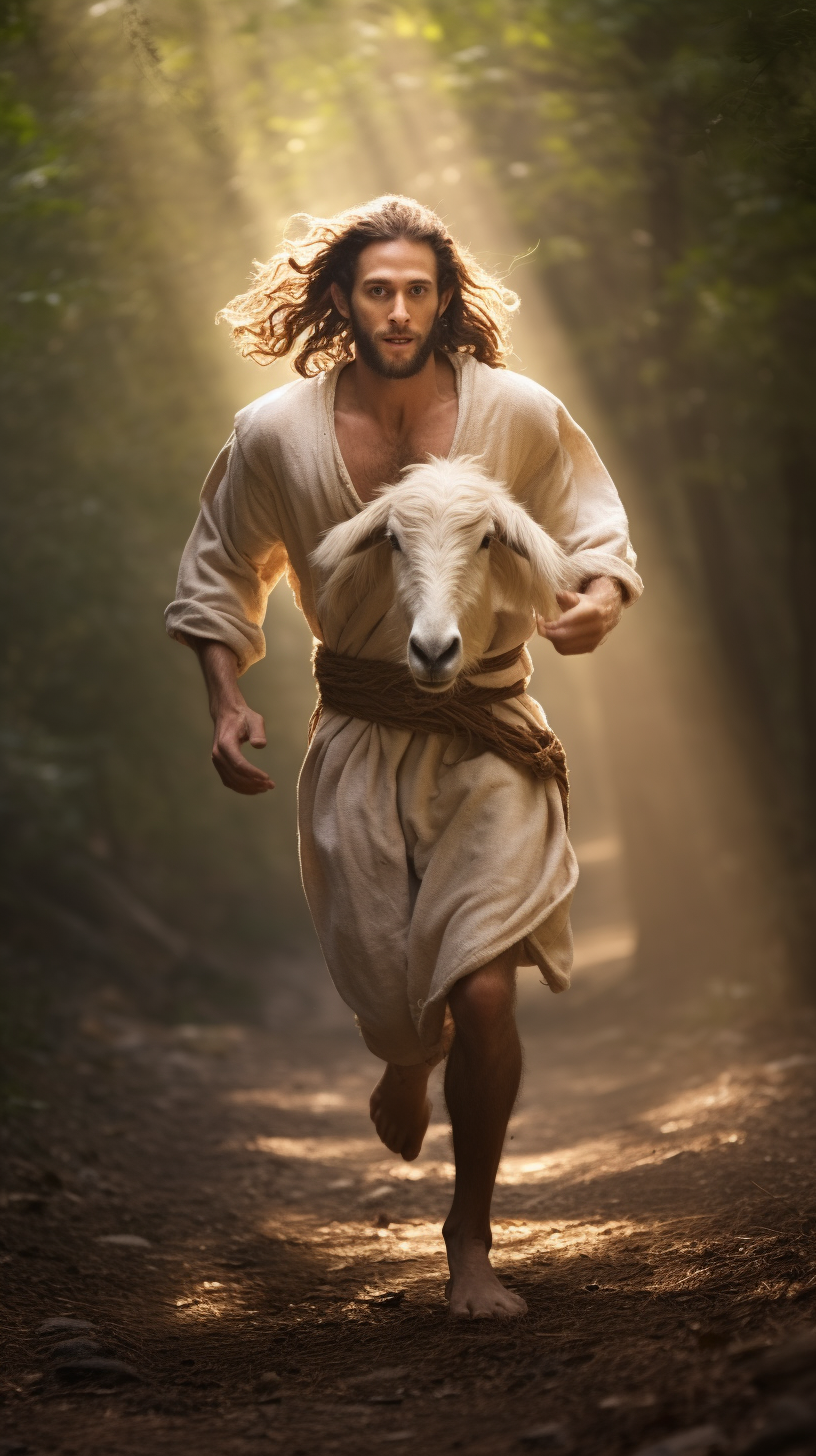 Jesus Christ running after a lost sheep