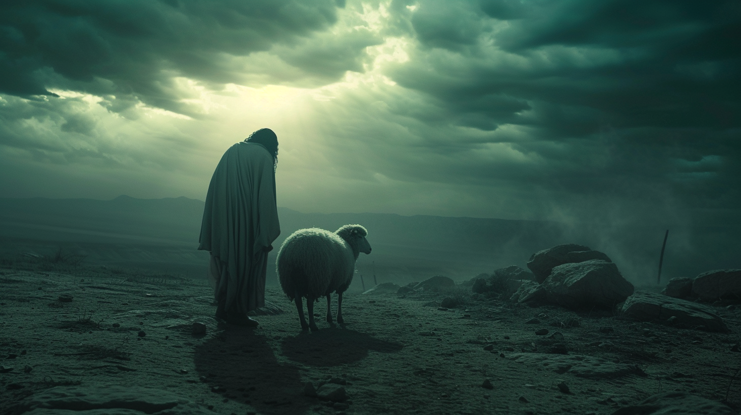 Jesus Christ saving lost sheep in dark fantasy desert