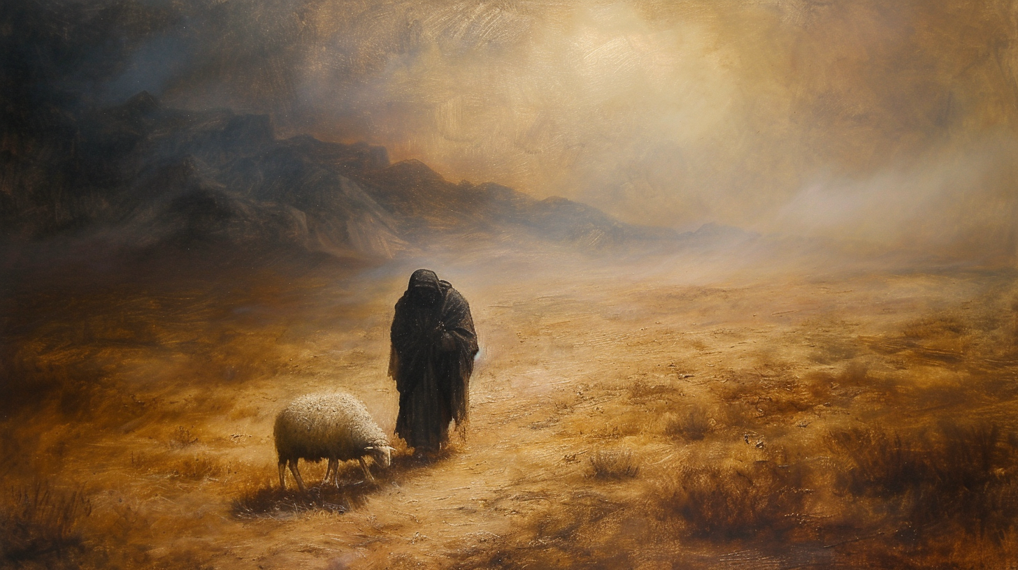 Jesus Christ saving lost sheep in desert