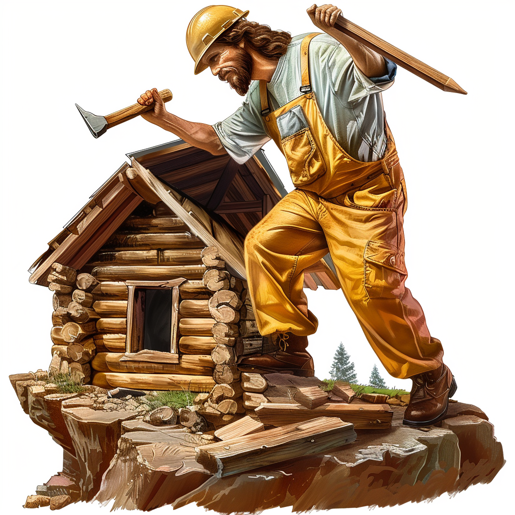 Jesus construction worker hammering a house