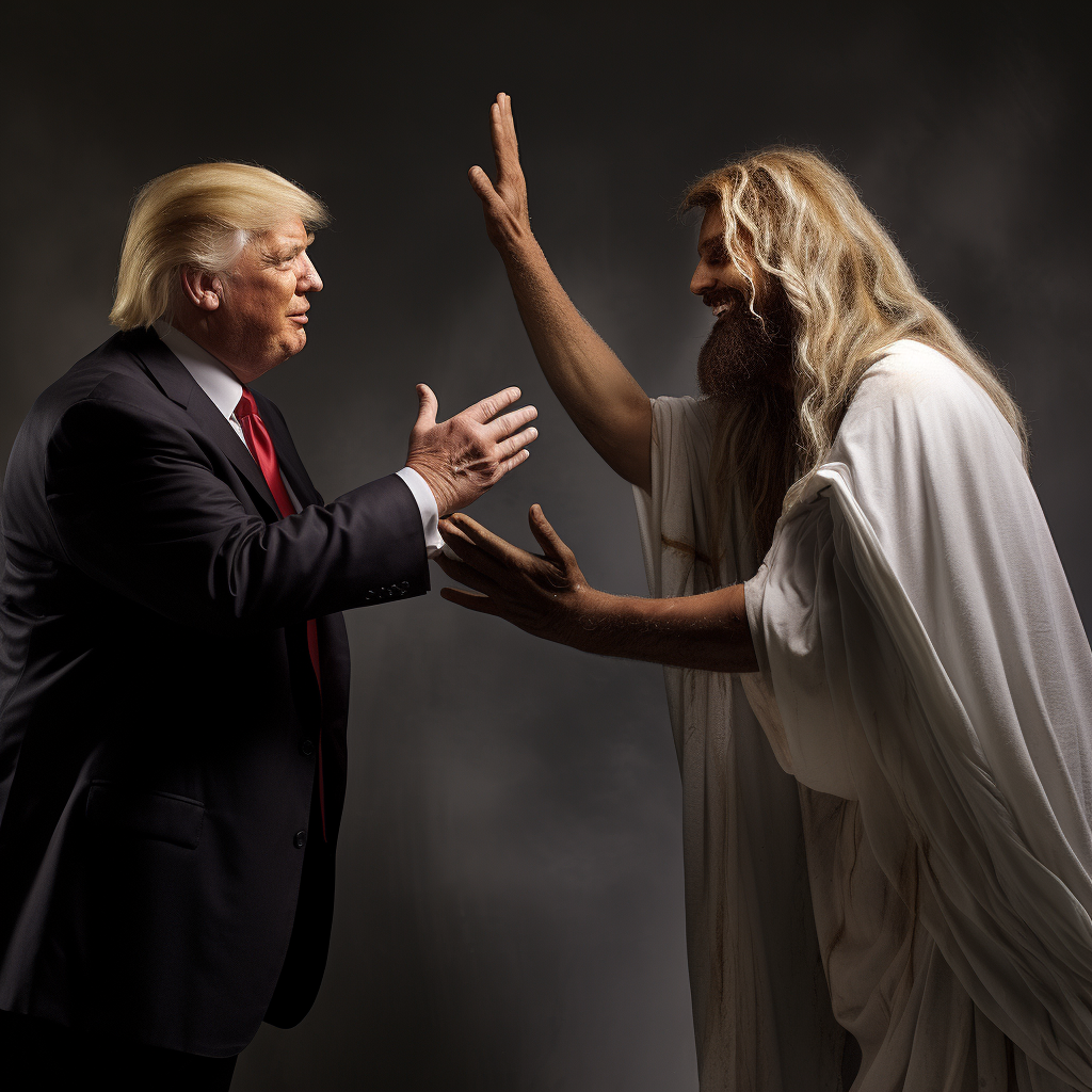 Jesus and Donald Trump high-five while laughing