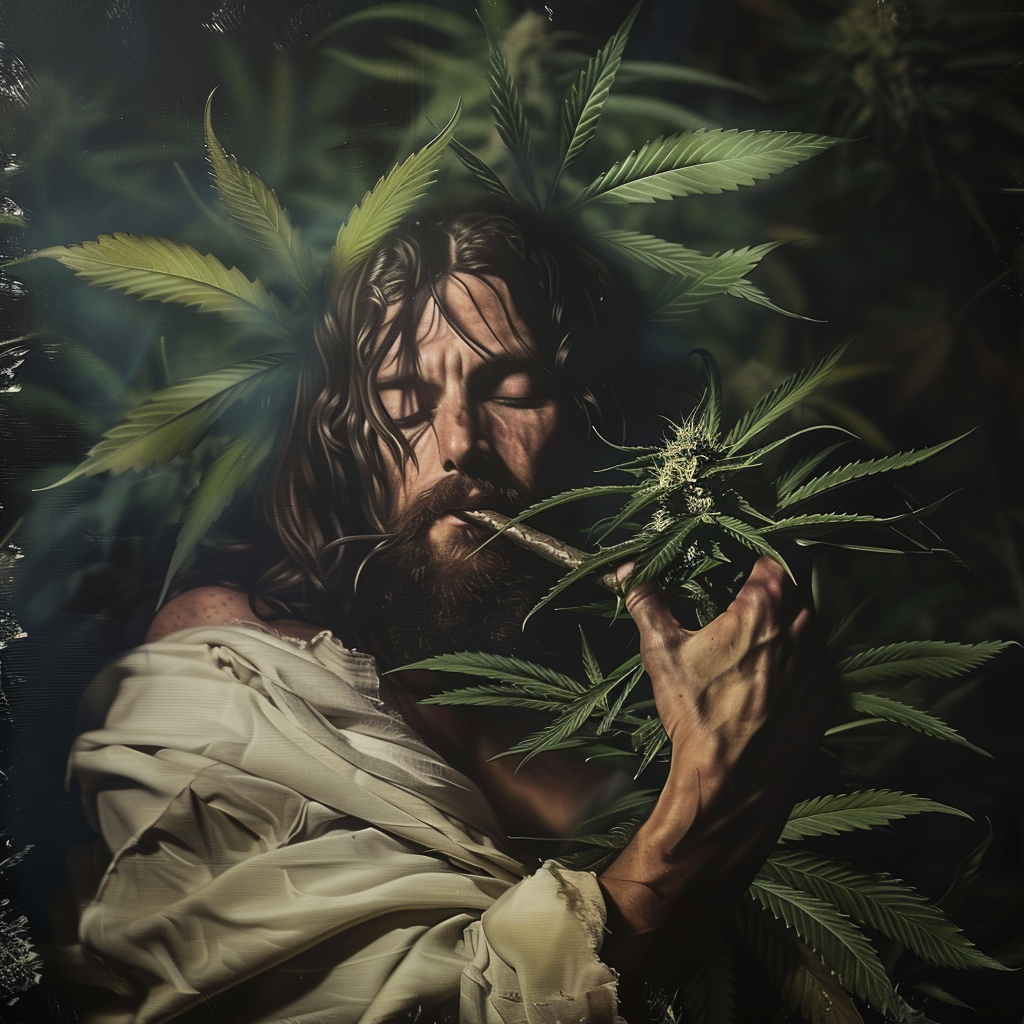 Jesus with weed leaf smoking