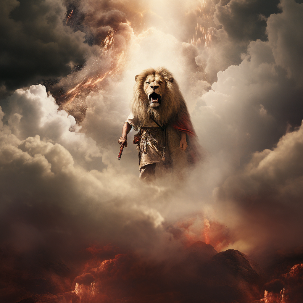 Divine Jesus with majestic lion in fire clouds