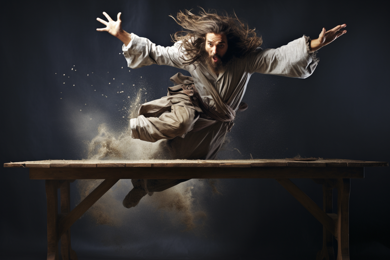 Jesus flipping table like ninja