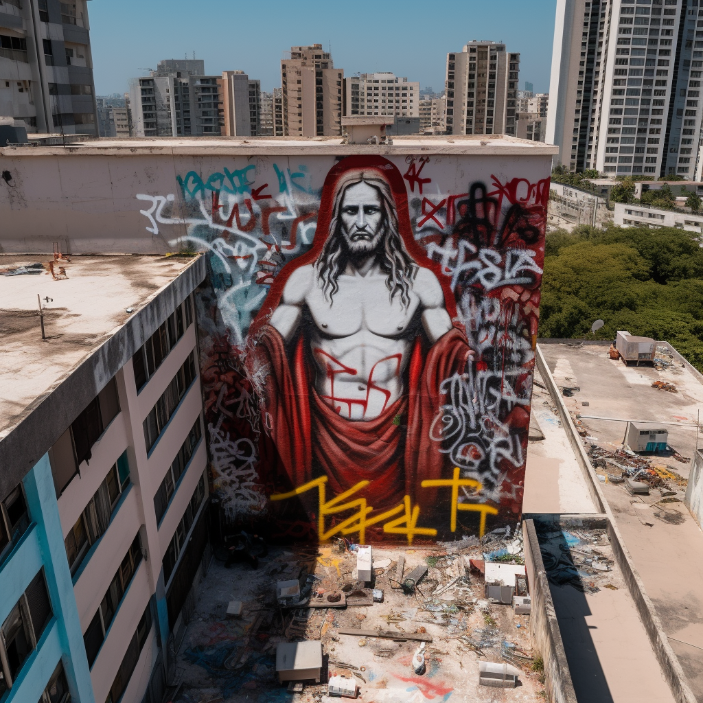 Graffiti art of Jesus on a skyscraper