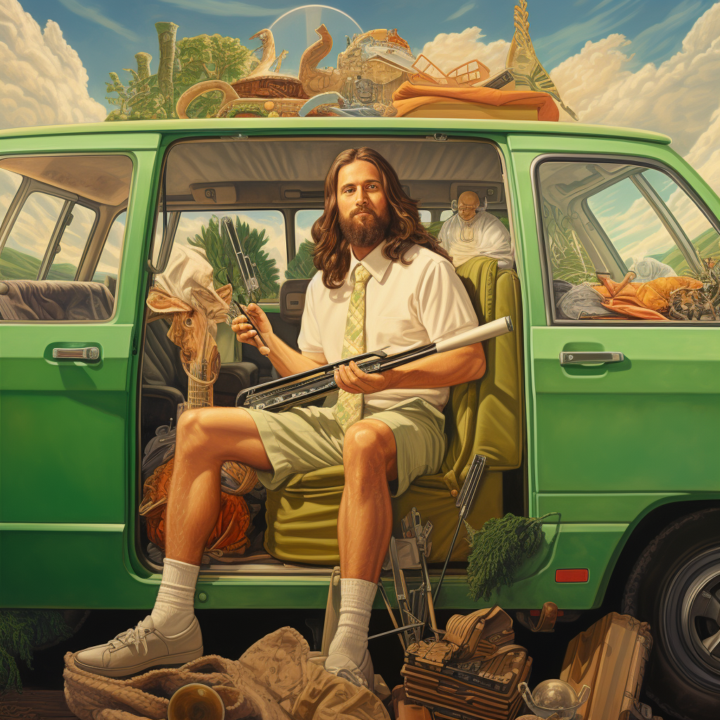 Jesus in Green Van with Golf Clubs