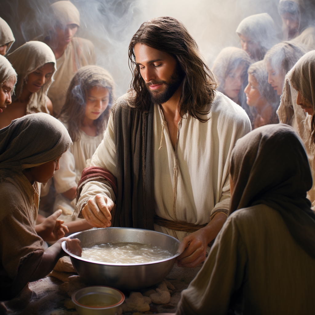 Jesus helping in soup kitchen