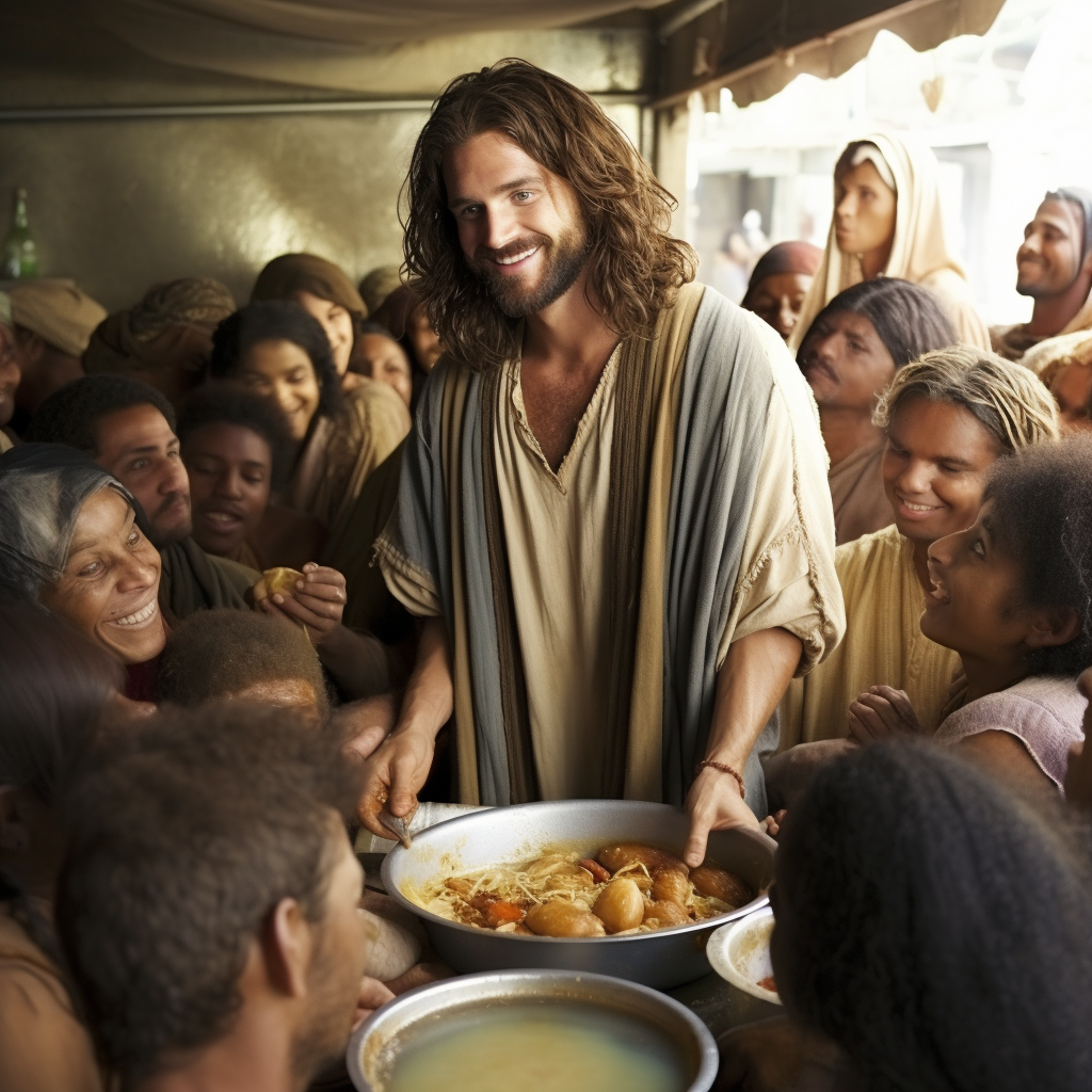 Jesus helping in a soup kitchen