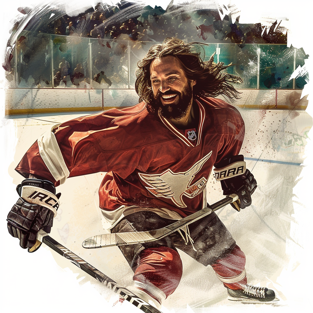 Jesus playing hockey with smile