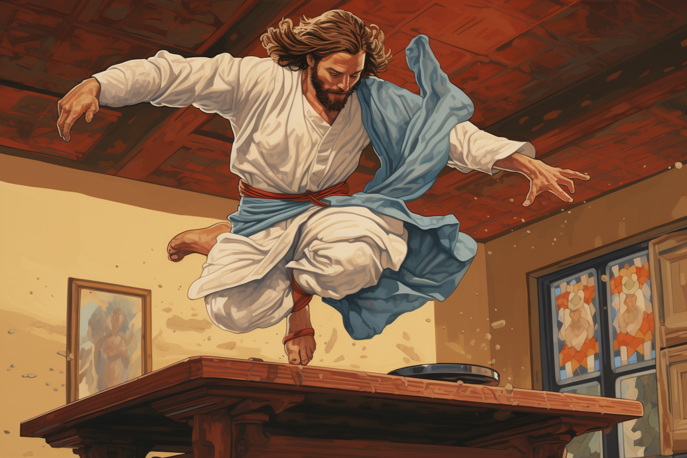 Jesus kick flipping over a table