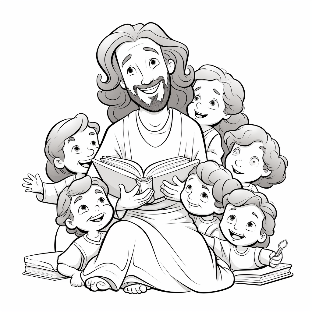 Cartoon Jesus with Kids Learning Bible Stories