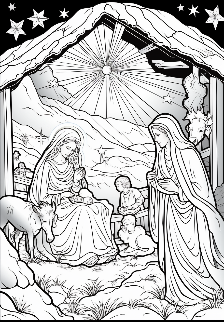 Coloring page of Jesus' manger scene