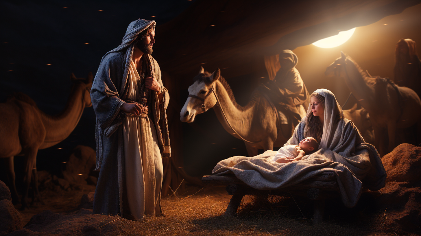 Surreal depiction of Jesus in a Manger with Wise Men