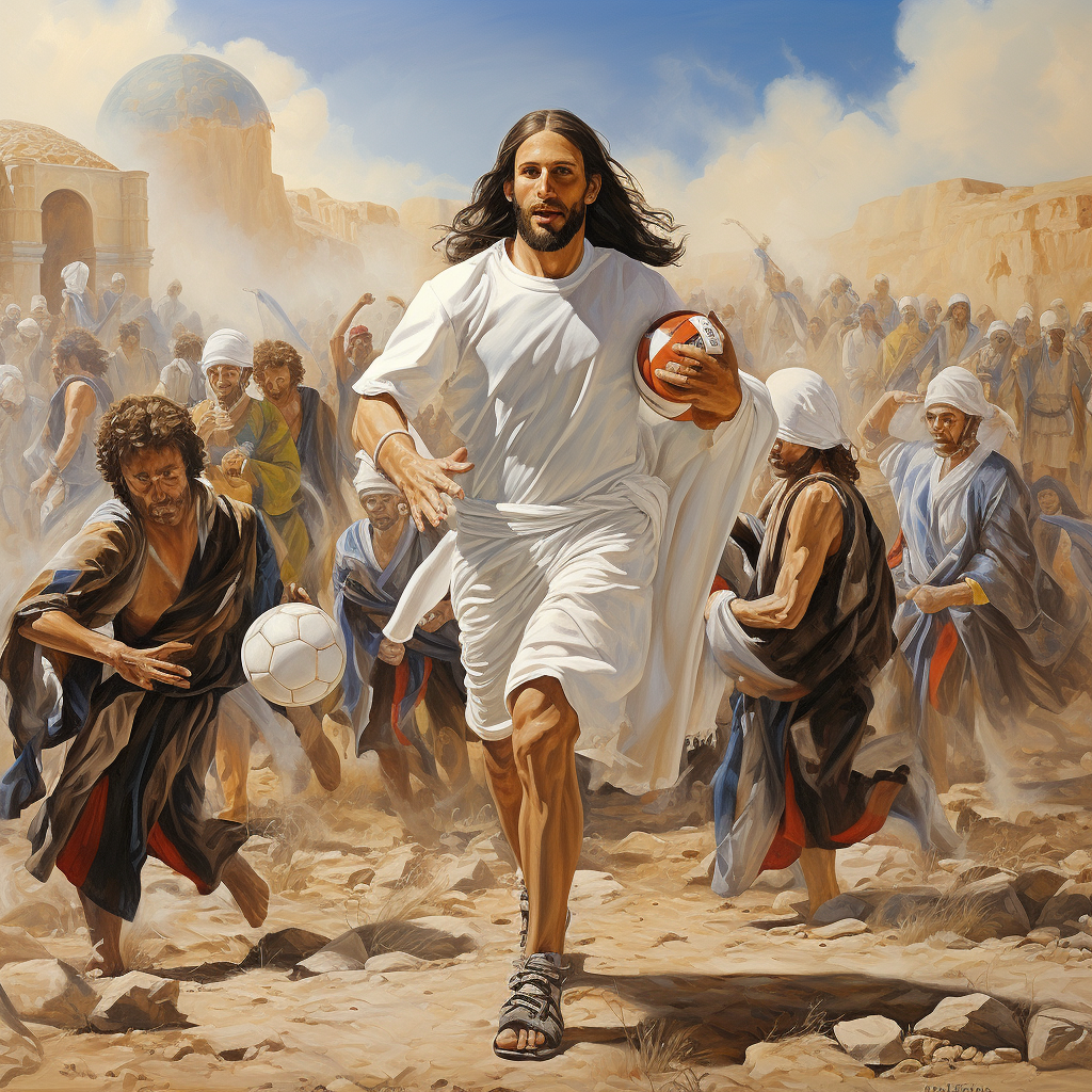 jesus playing soccer with religious leaders