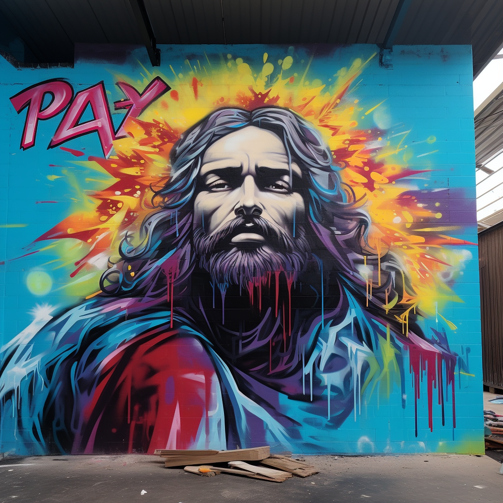 Graffiti art of Jesus painting the word 'pray'