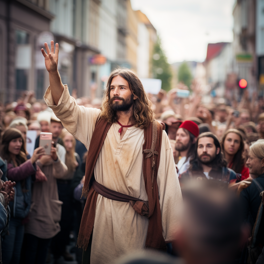 Jesus at Peace Demonstration with Stop Sign