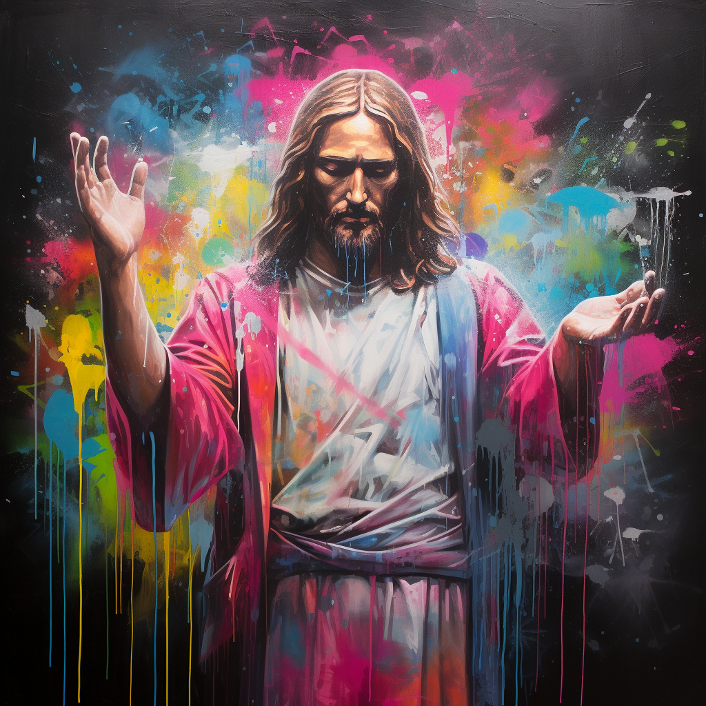 Jesus painting 'pray' with spray paint