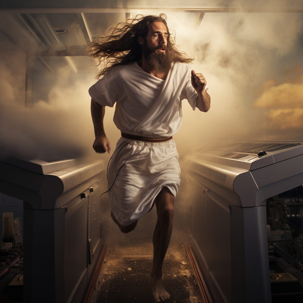 Jesus running on treadmill