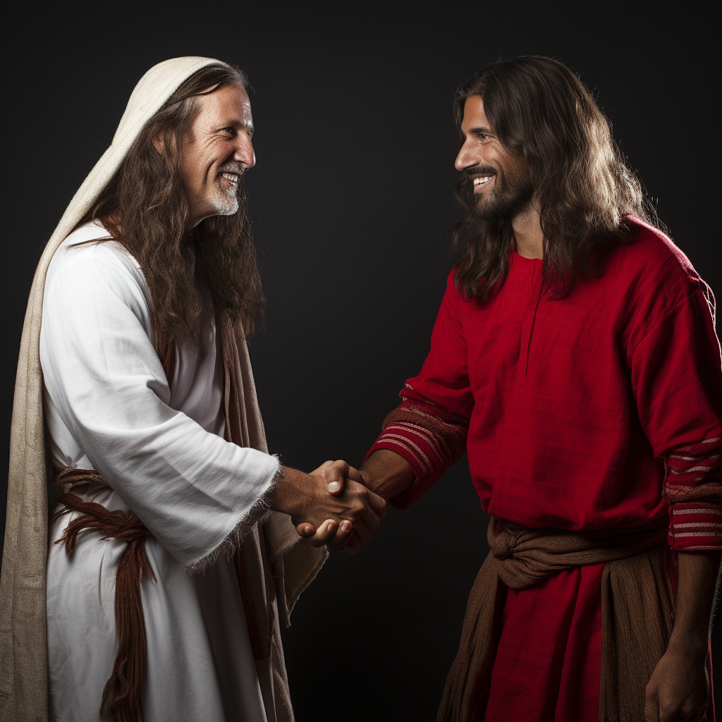 Jesus and Santa Claus shaking hands