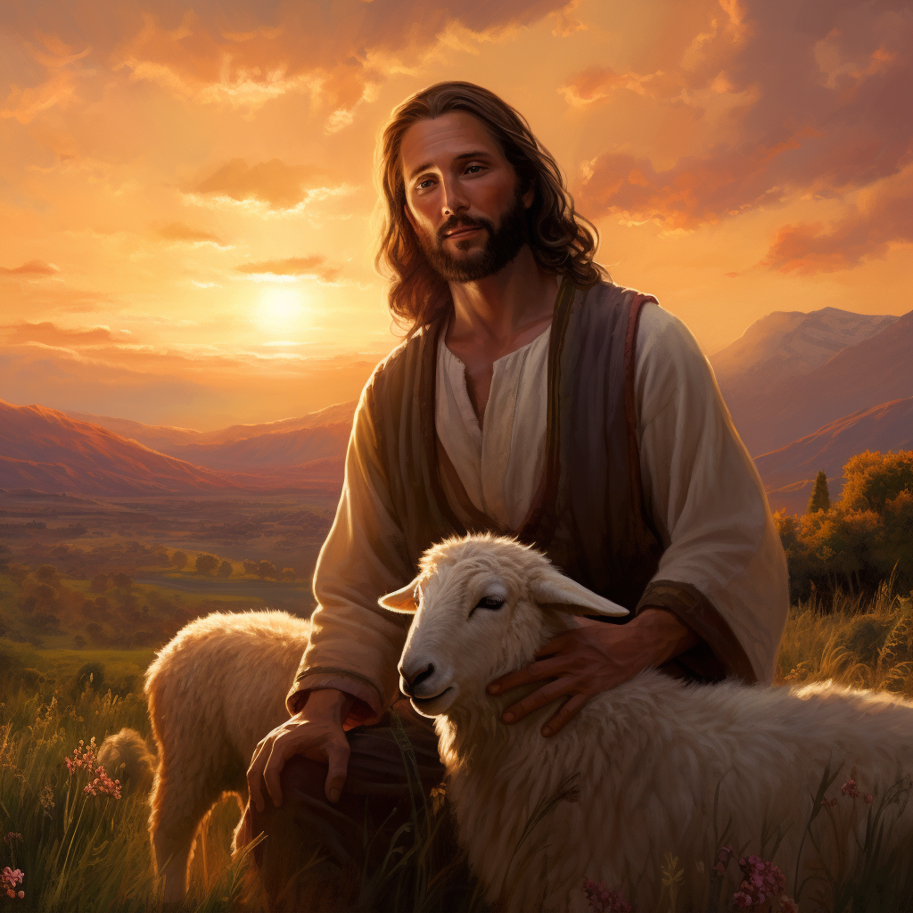 Jesus with Sheep in Meadow at Sunset