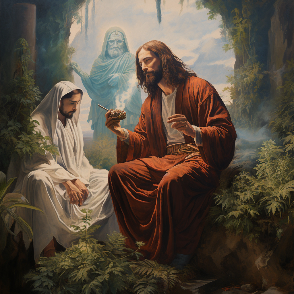 Jesus and Buddah enjoying a bong