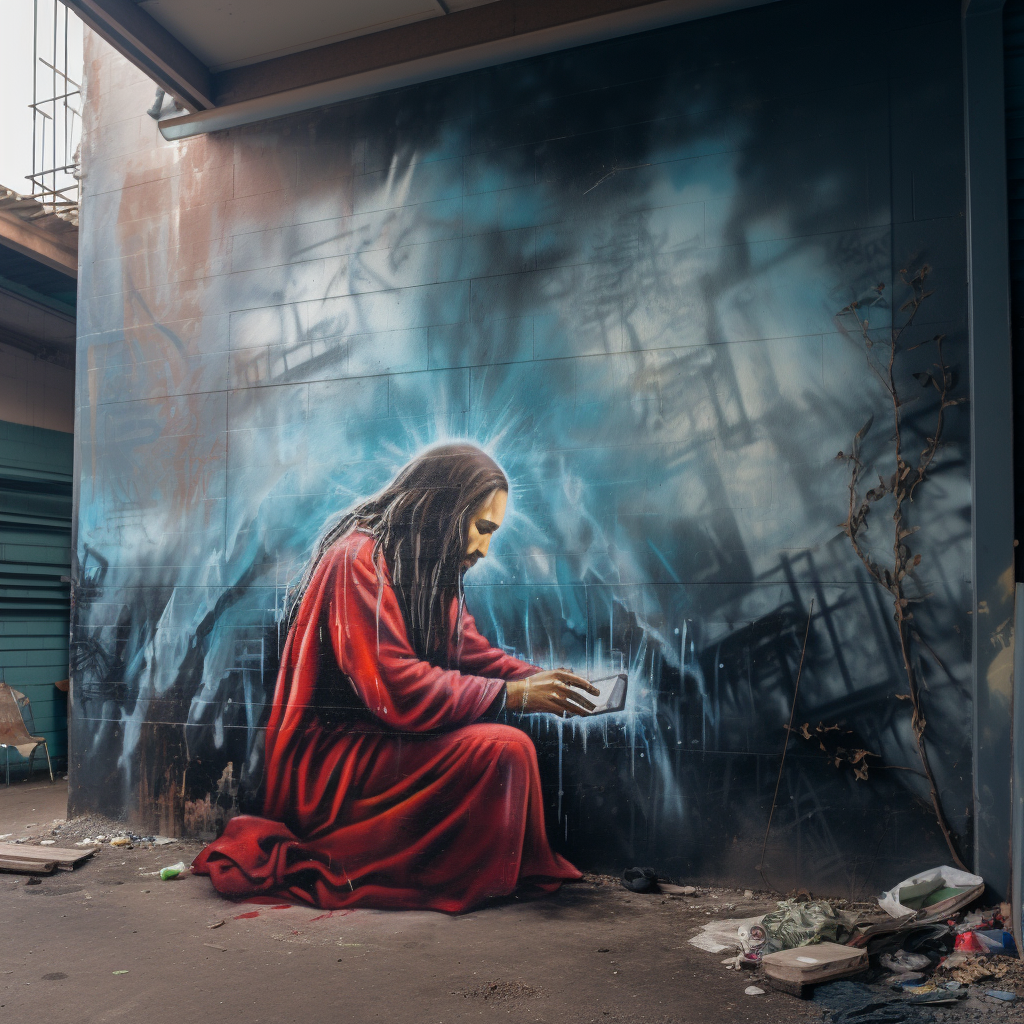 Jesus spray painting the word pray