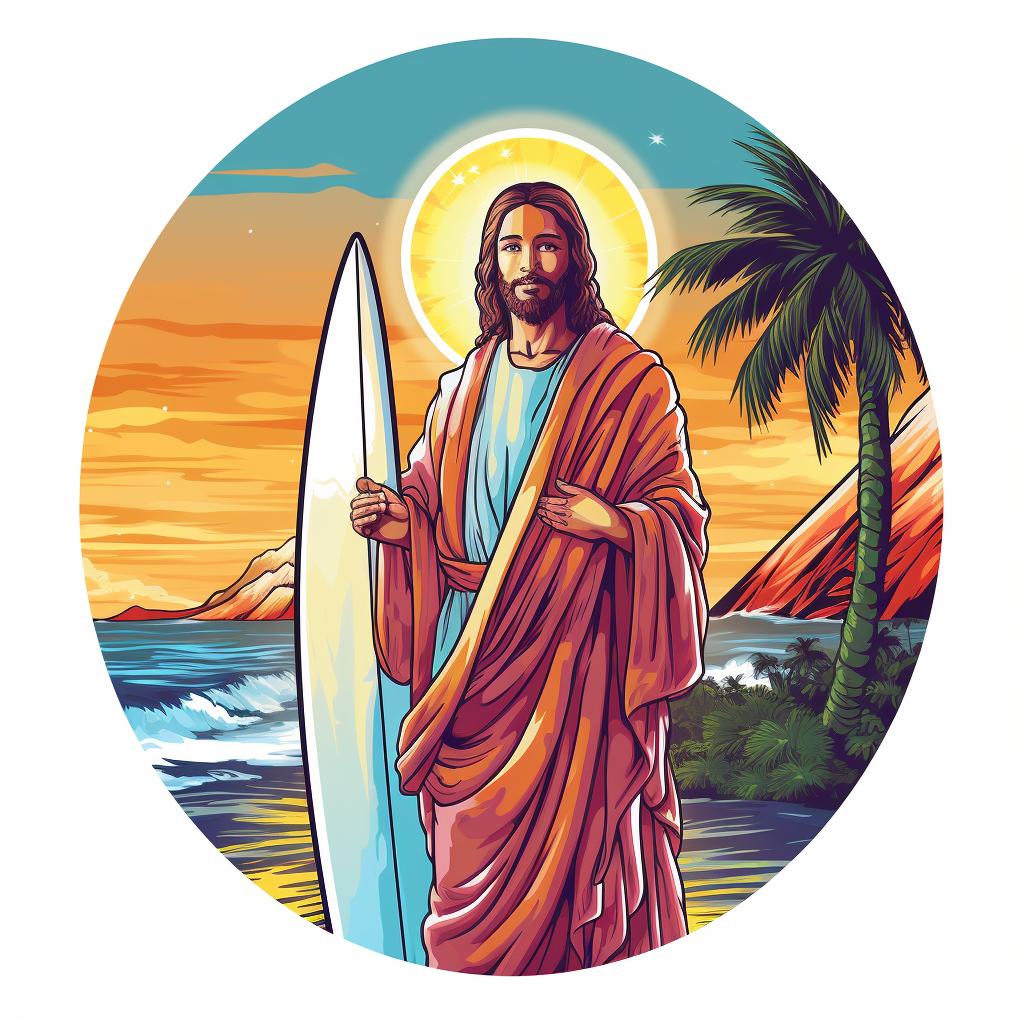 Jesus Surfer Sticker with Palm Trees