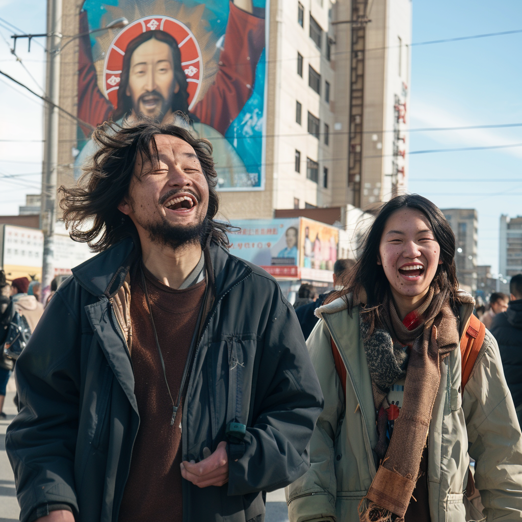 Jesus torn picture among laughing youth