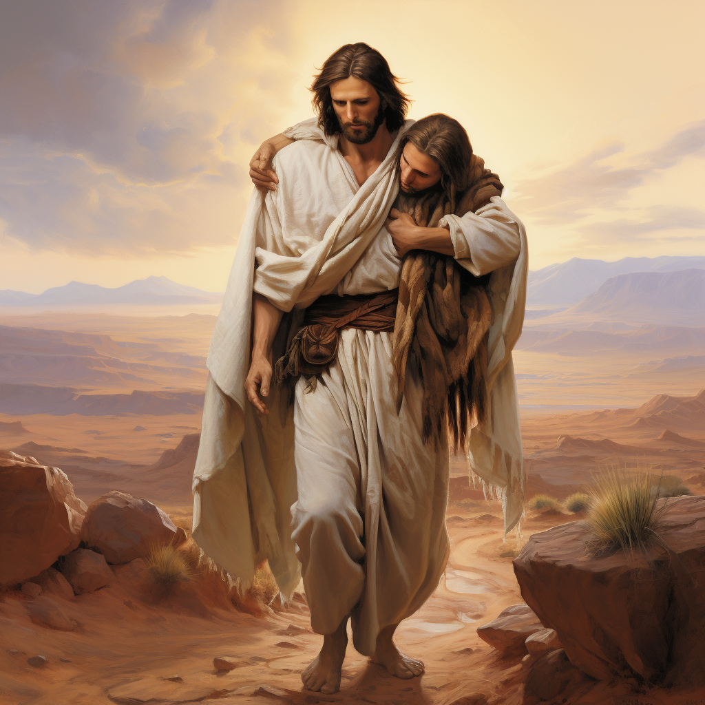 Jesus carrying a hurt man across a desert oasis