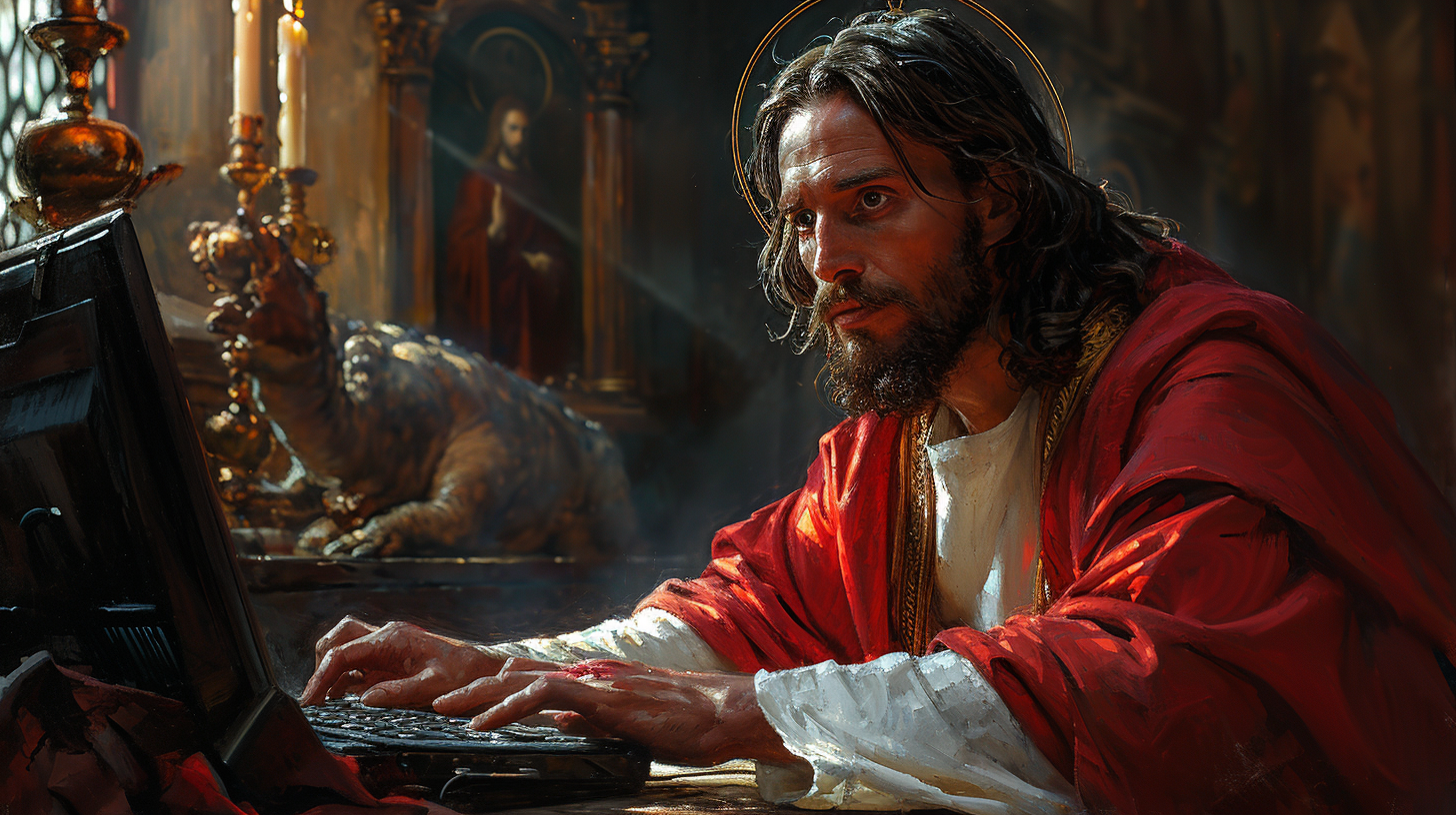 Jesus with a Halo frustrated by computer