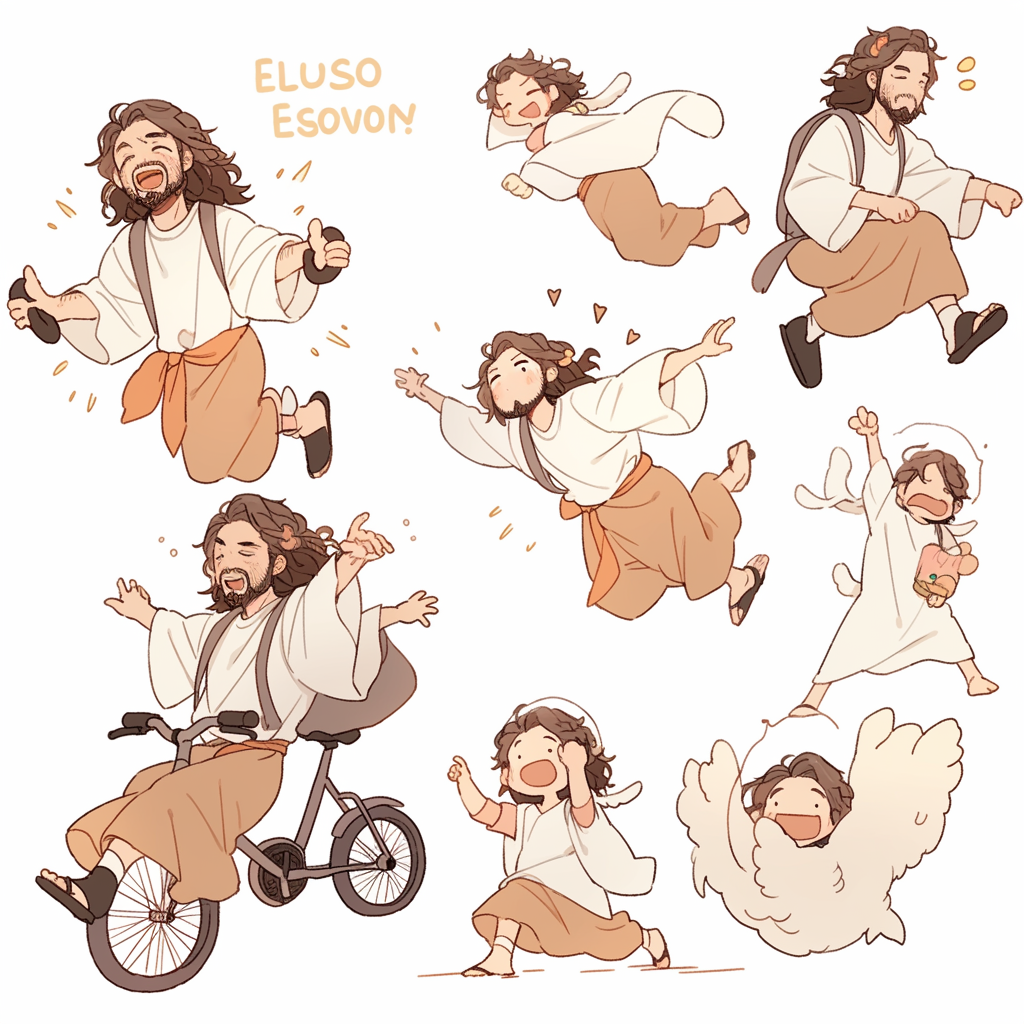 Jesus cycling in various poses