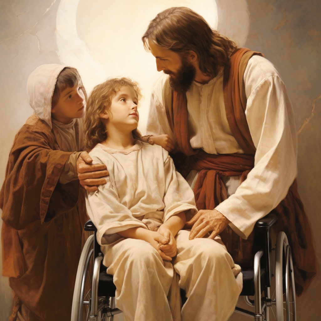 Jesus helping boy into wheelchair