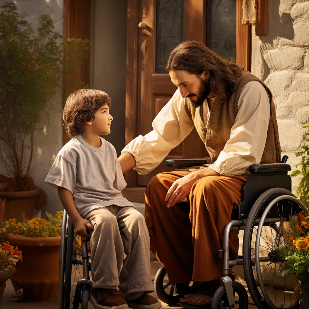 Jesus helping a little boy into a wheelchair