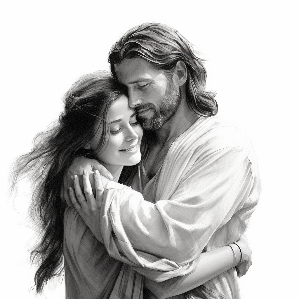 Heartwarming embrace of Jesus and young woman