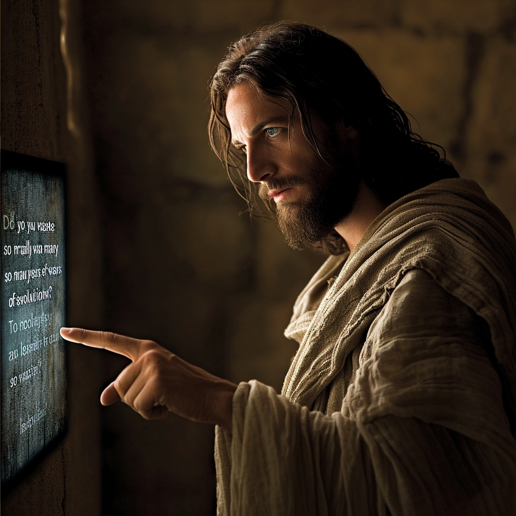 Jesus pointing at screen message