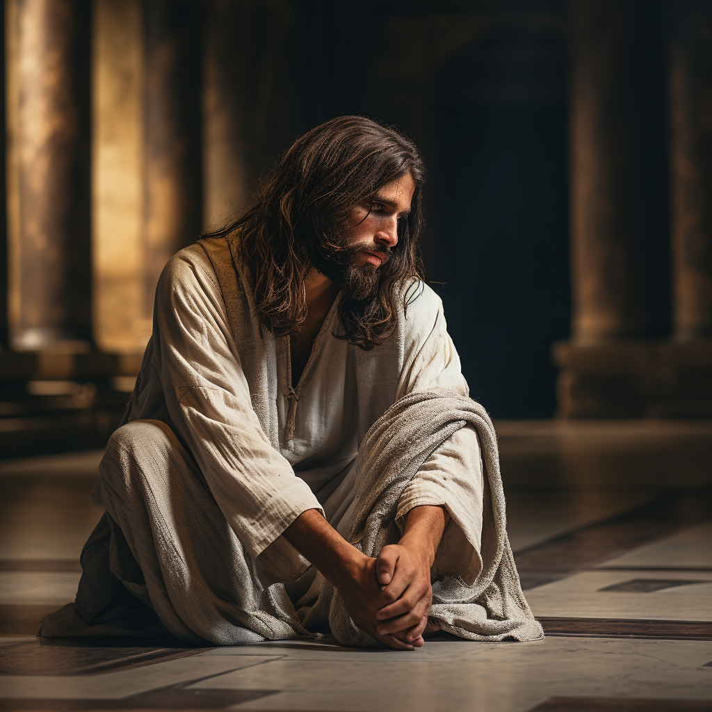 Jesus sitting sadly on the floor