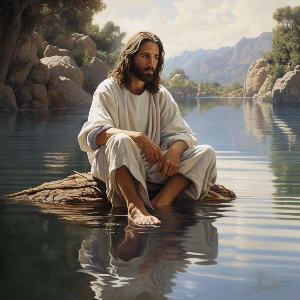 Jesus sitting by a lake with babies