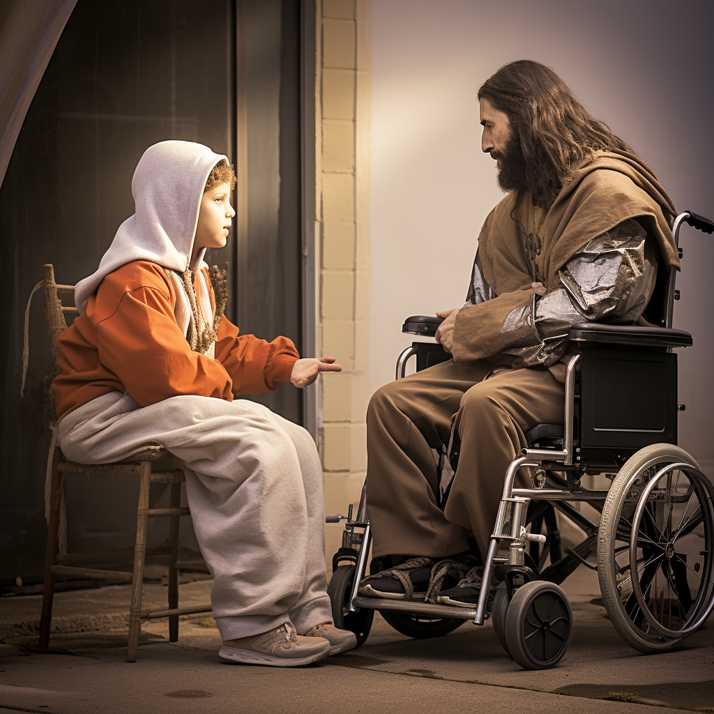 Jesus talking to a boy in wheelchair