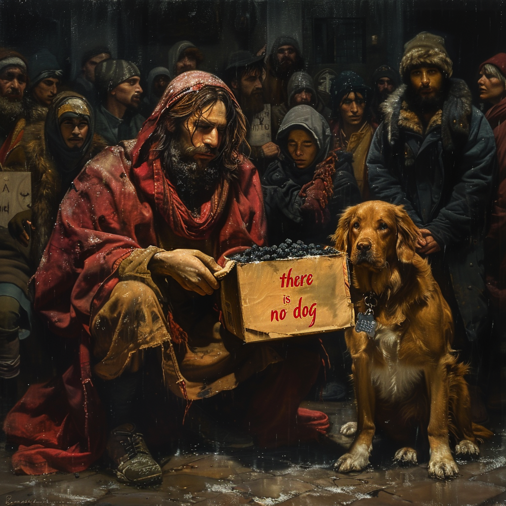 Jesus unwrapping box of coal with God and protesters