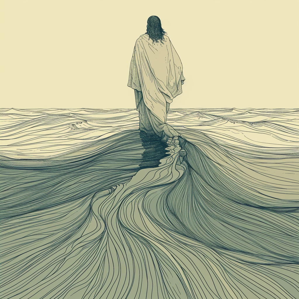 Jesus on Vast Ocean Line Drawing