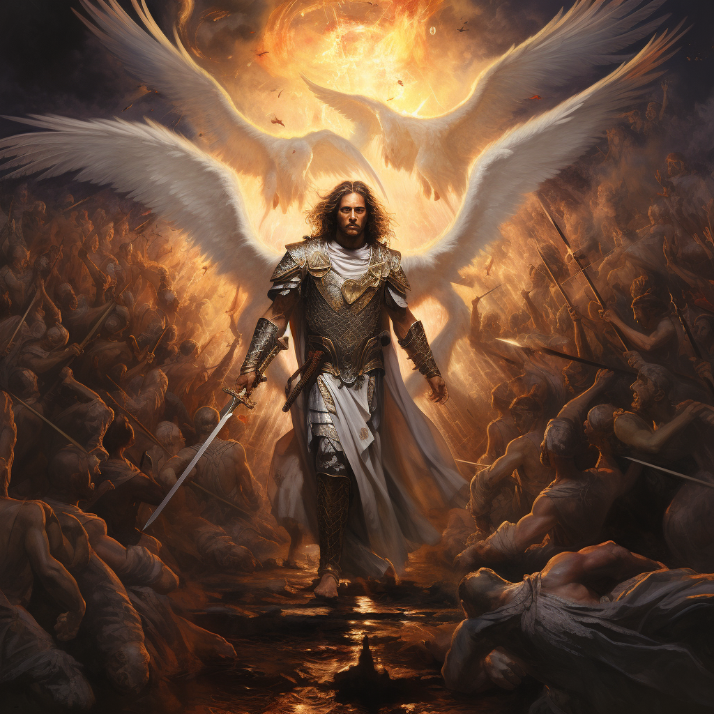 Jesus leading warrior angels in battle