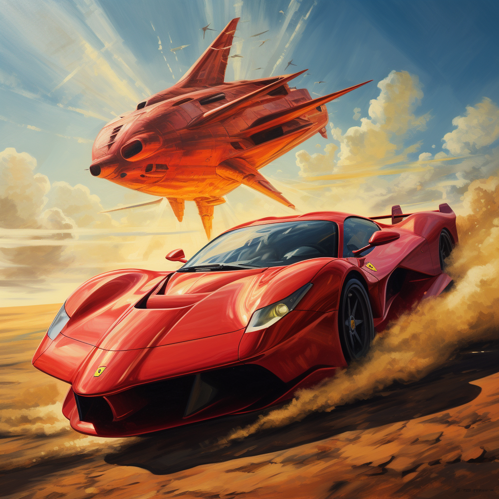 Jet Fighter over Red Ferrari