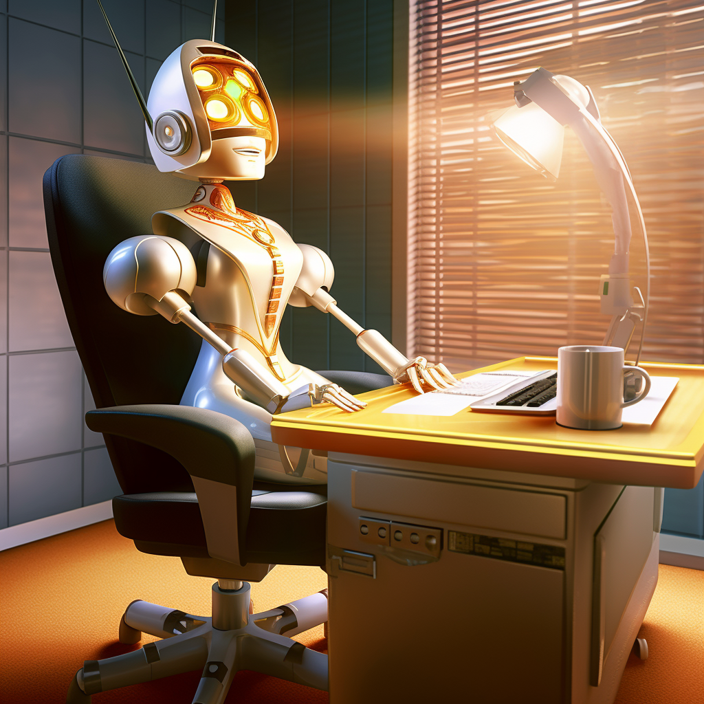 Female robot at desk in executive office