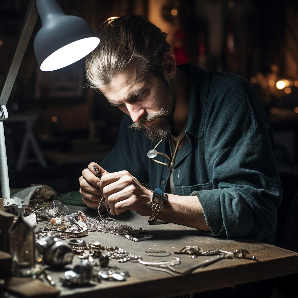 Skilled jeweler intently repairing silver necklace