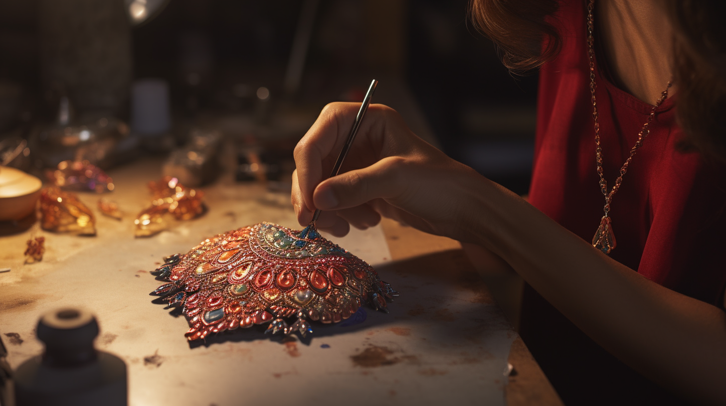 Jewellery designer painting final touches on amazing necklace sketch